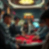 A vivid depiction of a gambling scene in a manga style, showcasing characters engaged in various games.