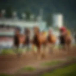 Thoroughbred racehorses galloping on a track