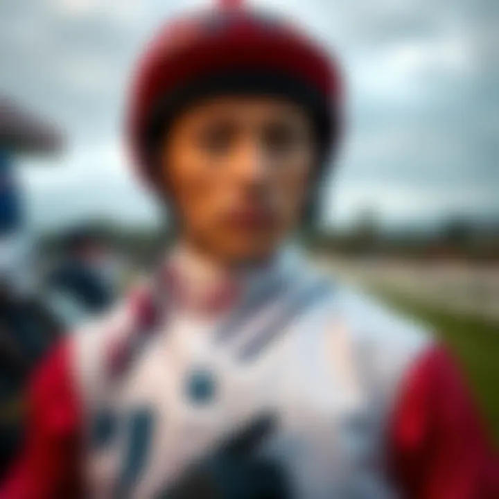 Close-up of a jockey in traditional attire preparing for a race