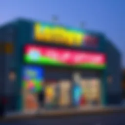 Exterior view of a local lottery retailer showcasing its vibrant signage